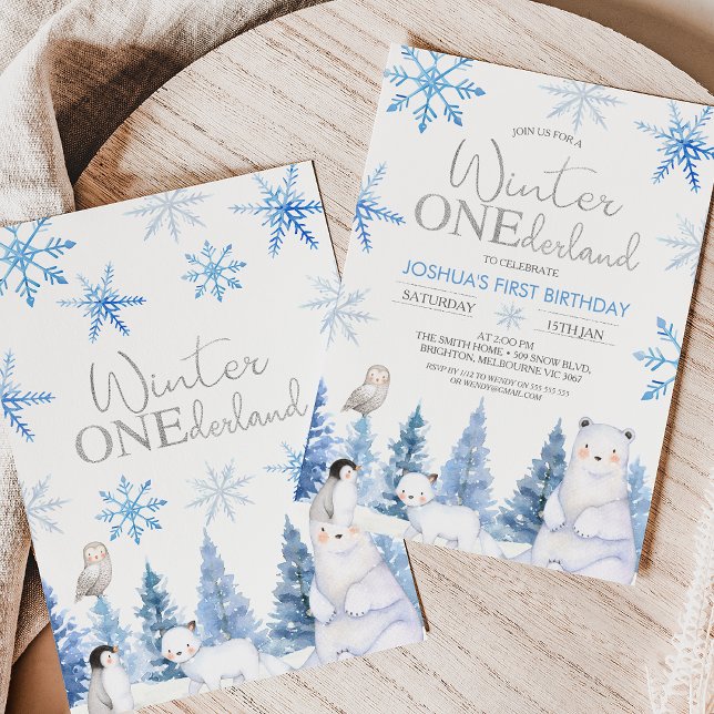 Invitación Blue Silver Winter Animals (Faux silver and blue snowflakes arctic animals winter onederland 1st birthday invitation for a boy.)