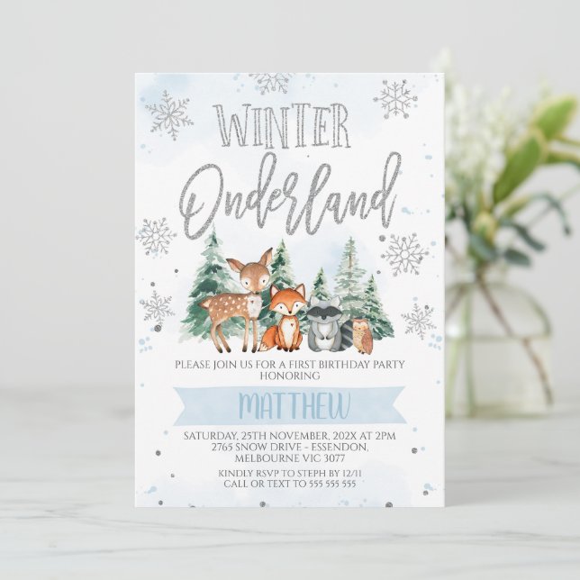 Invitación Blue Silver Woodland Onederland Primer Cumpleaños  (Anverso de pie)