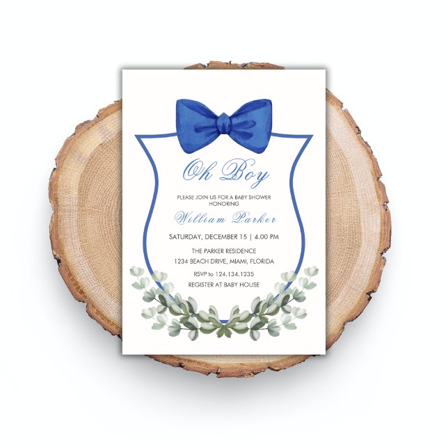 Invitación Blue Simple Bow Eucalyptus Escudo Boy Baby Shower (Blue Simple Bow Eucalyptus Crest Boy Baby Shower Invitation)