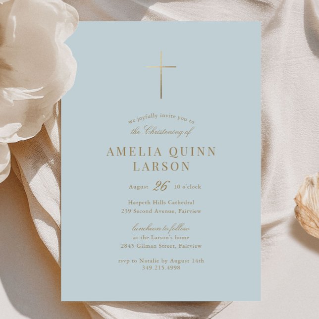 Invitación Blue Simple Elegent Gold Cross Christening (Subido por el creador)
