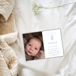 Invitación Blue Simple Flower Cross Boy Photo Baptism