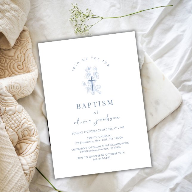 Invitación Blue Simple Flower Cross Christening Boy Baptism (Blue Simple Flower Cross Christening Boy Baptism Invitation)