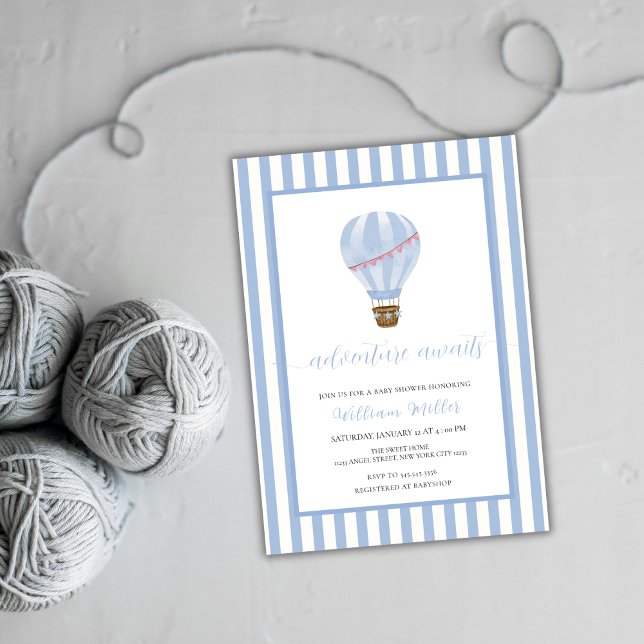 Invitación Blue Simple Stripe Hot Air Balloon Baby Shower (Blue Simple Stripe Hot Air Balloon Baby Shower Invitation)
