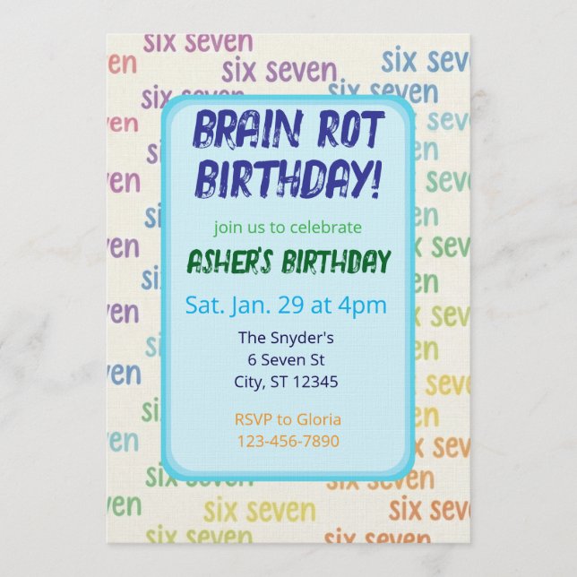 Invitación Blue Six Seven Brain Rot Birthday (Anverso)