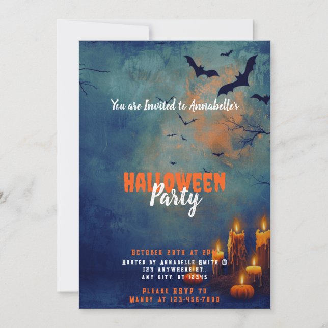 Invitación Blue Sky Bats Candles Pumpkins Halloween Party (Anverso)
