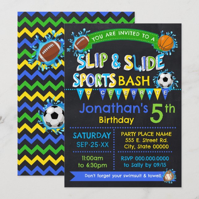 Invitación Blue Slip & Slide Sports Cumpleaños Fiesta de vera (Anverso / Reverso)