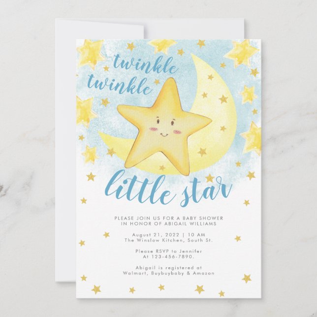 Invitación Blue Smiding Gold Twinkle Little Star Baby Shower (Anverso)