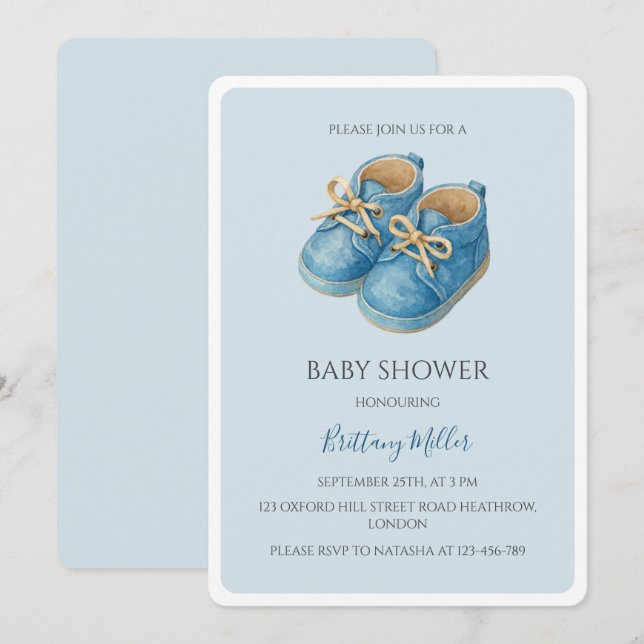 Invitación Blue Sneakers Baby Shower Sports (Anverso / Reverso)