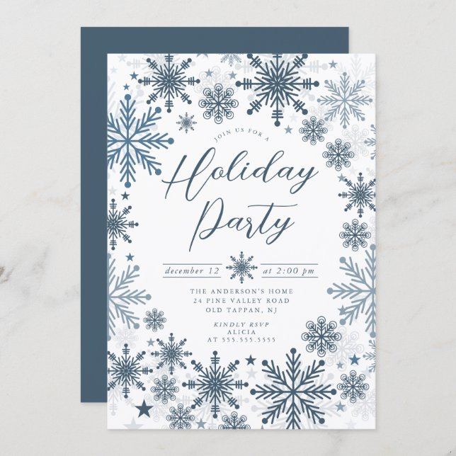 Invitación Blue Snowflake Holiday Party Invitation (Anverso / Reverso)