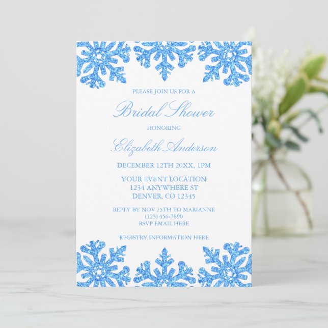 Invitación Blue Snowflake Winter Bridal Shower (Anverso de pie)