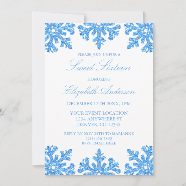Invitación Blue Snowflake Winter Sweet 16 (Anverso)