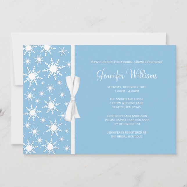 Invitación Blue Snowflakes Bridal Winter Blue Bow (Anverso)