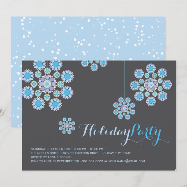 Invitación Blue Snowflakes Fiesta de Navidad Ornamento de Nav (Anverso / Reverso)