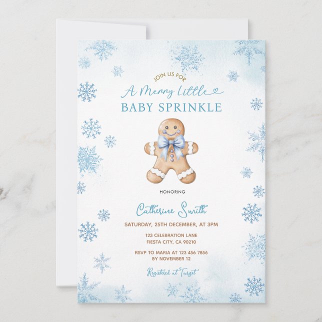 Invitación Blue Snowflakes Gingerbread Baby Sprinkle (Anverso)