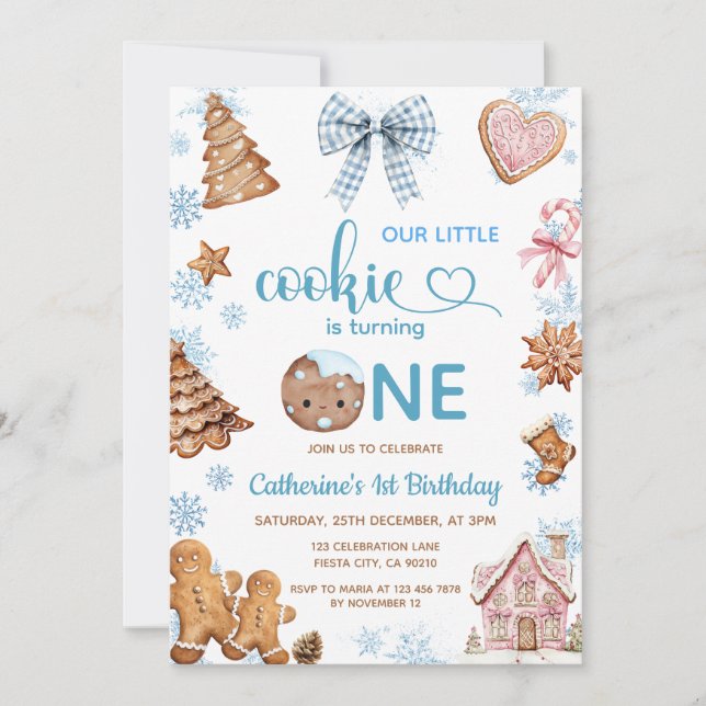 Invitación Blue Snowflakes Gingerbread Christmas 1st Birthday (Anverso)