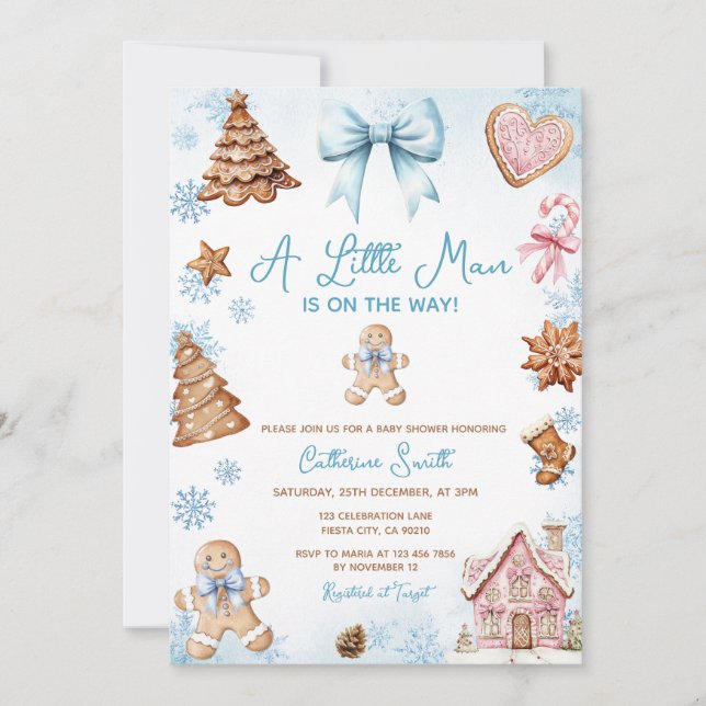 Invitación Blue Snowflakes Gingerbread Christmas Baby Shower (Anverso)