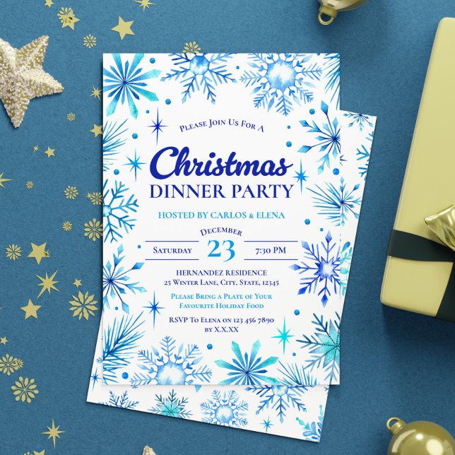 Invitación Blue Snowflakes Navidades Cena Fiesta acuarela (Blue Snowflakes Christmas Dinner Party Watercolor Invitation)
