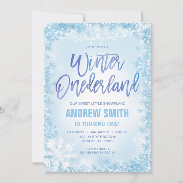 Invitación Blue Snowflakes Winter Birthday (Anverso)