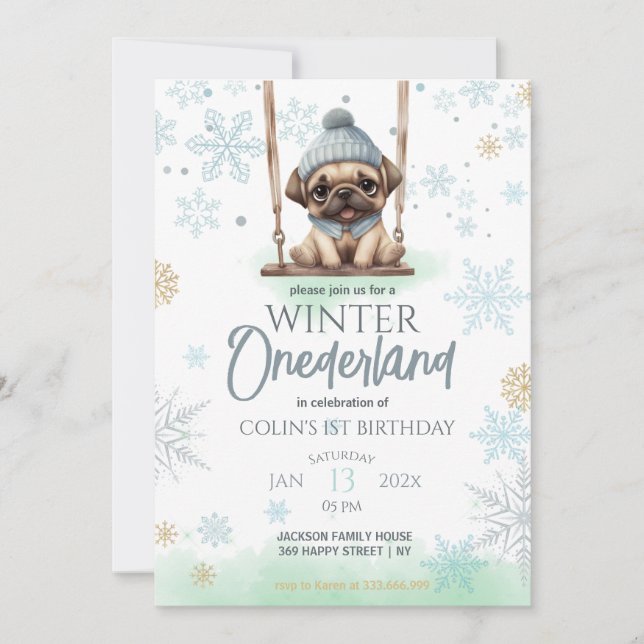 Invitación Blue Snowflakes Winter Onederland 1er cumpleaños (Anverso)