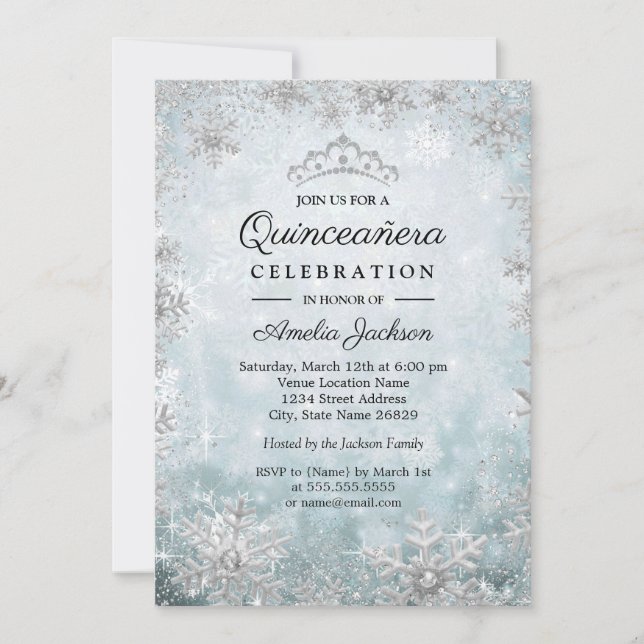 Invitación Blue Snowflakes Winter Wonderland Quinceanera (Anverso)