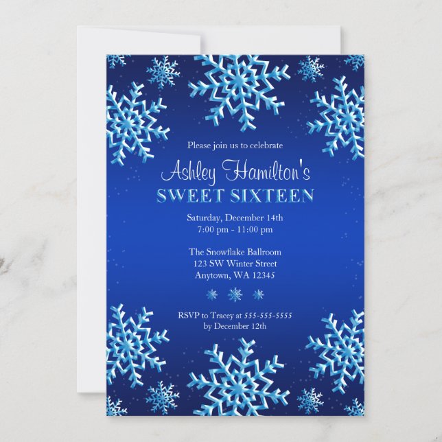 Invitación Blue Snowflakes Winter Wonderland Sweet 16 (Anverso)