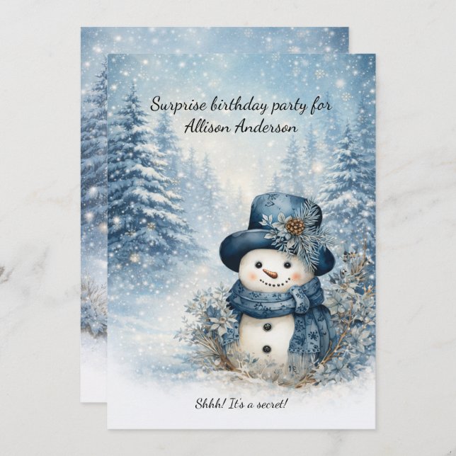 Invitación Blue Snowman Surprise Birthday Party | (Anverso / Reverso)