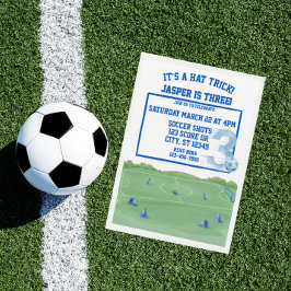 Invitación Blue Soccer Hat Trick, 3rd Birthday