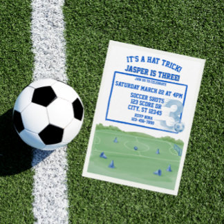 Invitación Blue Soccer Hat Trick, 3rd Birthday