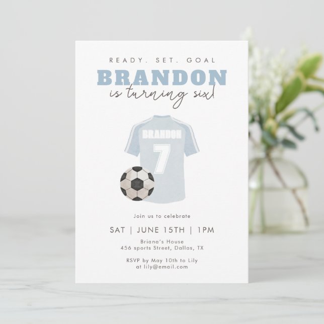 Invitación Blue Soccer Jersey Boys 7th Birthday Party Sports (Anverso de pie)