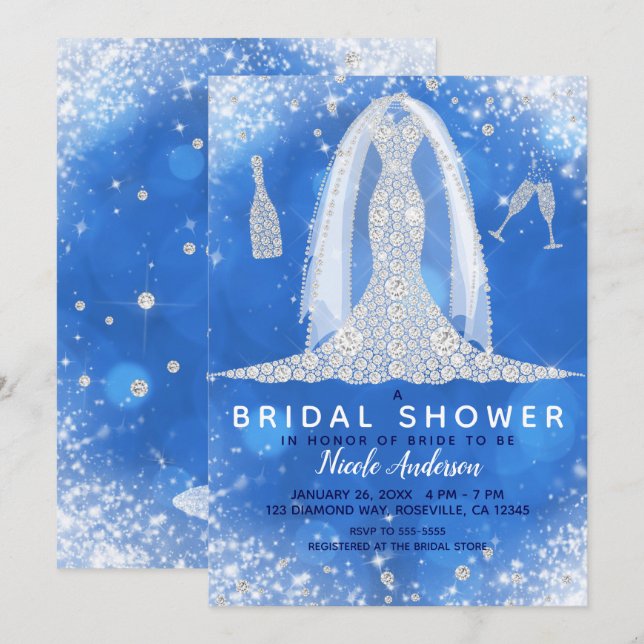 Invitación Blue Sparkle Diamond Boda Vestido Brillante Ducha (Anverso / Reverso)