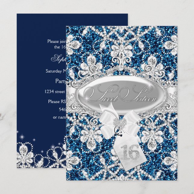 Invitación Blue Sparkle Diamond & Glitter Sweet 16 (Anverso / Reverso)