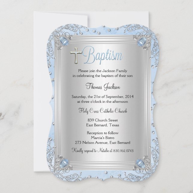 Invitación Blue Sparkle Jewel Baptism Christening (Anverso)