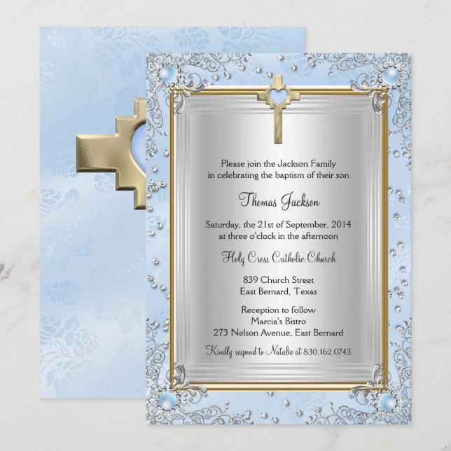 Invitación Blue Sparkle Jewel Baptism Christening Gold (Anverso / Reverso)