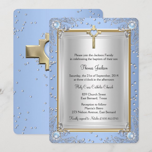 Invitación Blue Sparkle Jewel Baptism Christening Gold 2 (Anverso / Reverso)