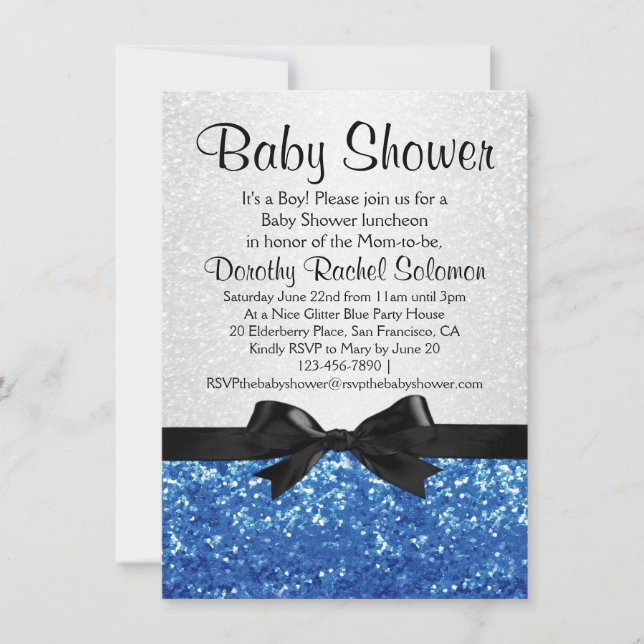 Invitación Blue Sparkle-look Bow Boy's Baby Shower (Anverso)