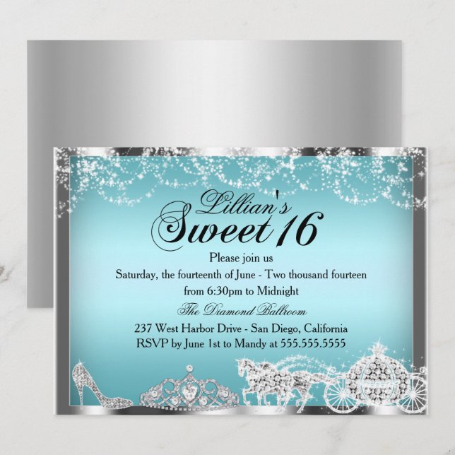 Invitación Blue Sparkle Princess Theme Sweet 16 Invite (Anverso / Reverso)