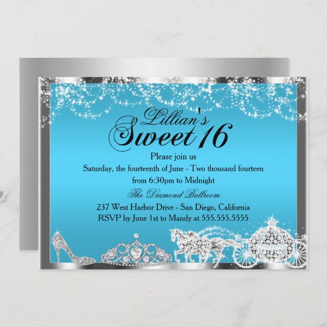 Invitación Blue Sparkle Princess Theme Sweet 16 Invite (Anverso / Reverso)