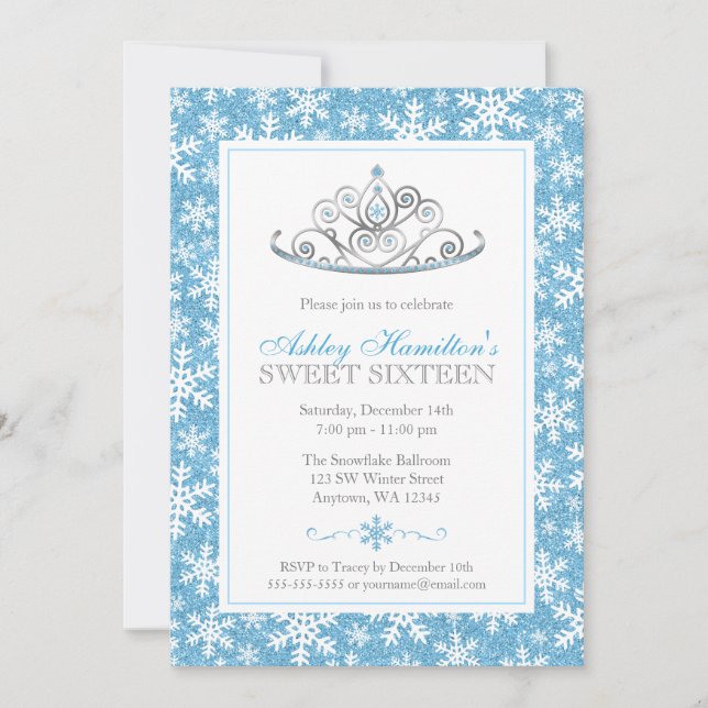 Invitación Blue Sparkle Princess Winter Wonderland Sweet 16 (Anverso)