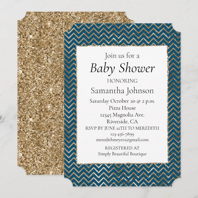 Invitación Blue Sparkle purpurina Gold Zigzag (Anverso / Reverso)