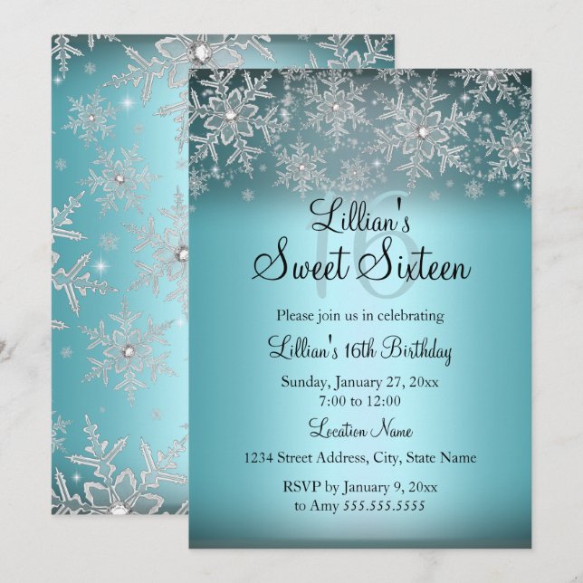 Invitación Blue Sparkle Snowflake Sweet 16 (Anverso / Reverso)
