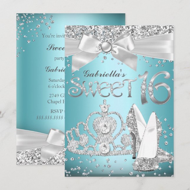 Invitación Blue Sparkle Tiara & Heels Sweet 16 Invite (Anverso / Reverso)