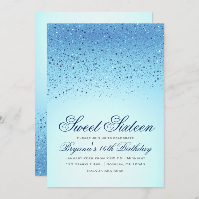 Invitación Blue Sparkly Purpurina Sweet 16 Birthday Party (Anverso / Reverso)
