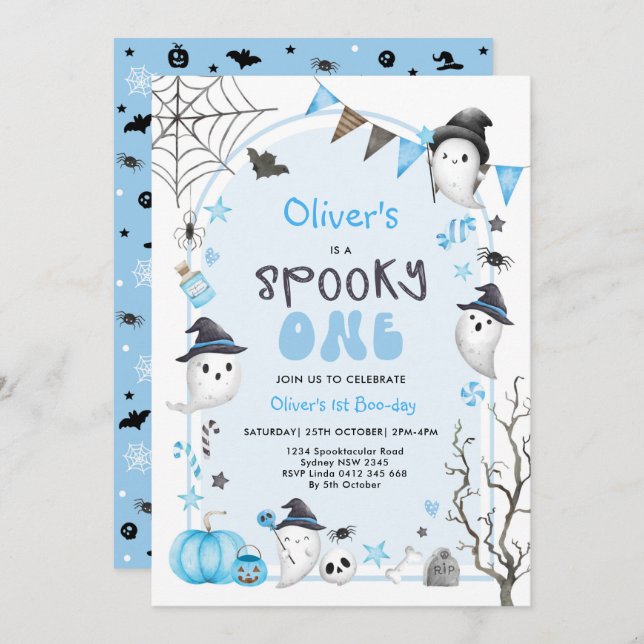 Invitación Blue Spooky One Cute Ghost Boy Primer cumpleaños (Anverso / Reverso)