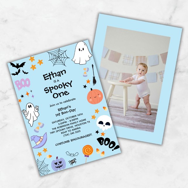Invitación Blue Spooky One Cute Photo Halloween 1er cumpleaño (Blue Spooky One Cute Photo Halloween 1st Birthday Invitation )