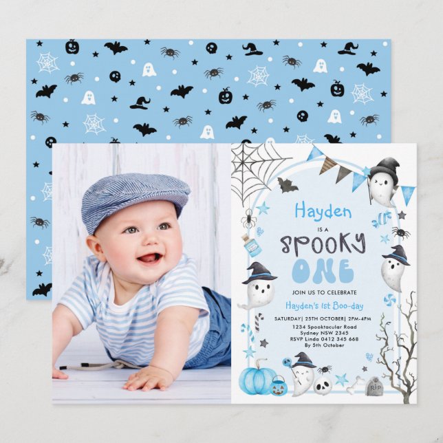 Invitación Blue Spooky One Halloween Ghost 1er cumpleaños Fot (Anverso / Reverso)
