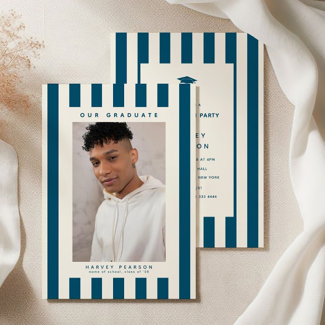 Invitación Blue Sporty Stripes 2 Photo Graduation Party (Subido por el creador)