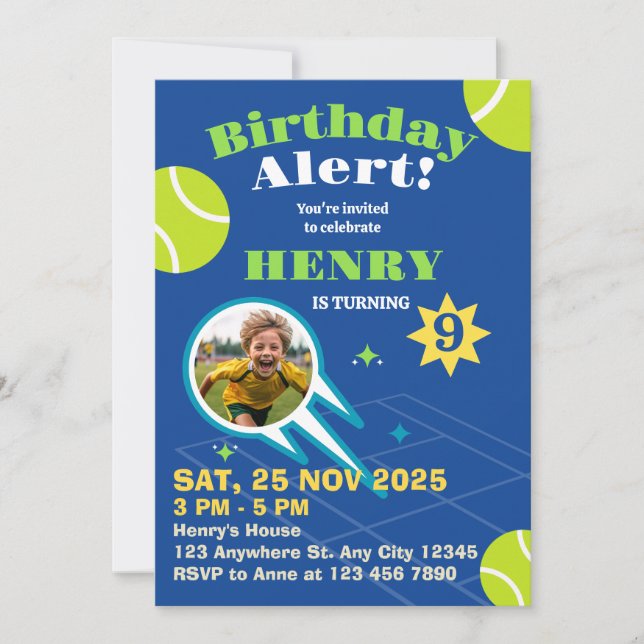 Invitación Blue Sporty Tennis Ball Niños Fiesta de cumpleaños (Anverso)