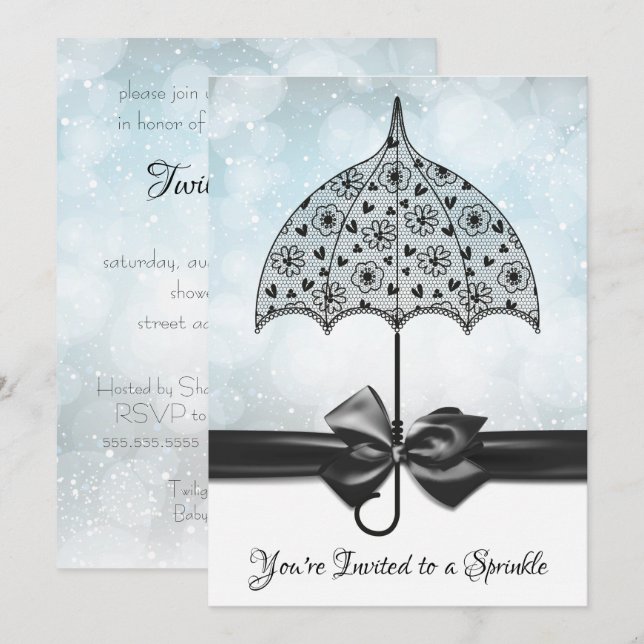 Invitación Blue Sprinkle Baby Shower Black Lace Umbrella (Anverso / Reverso)