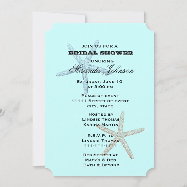 Invitación Blue Starfish Beach Bridal Shower (Anverso)