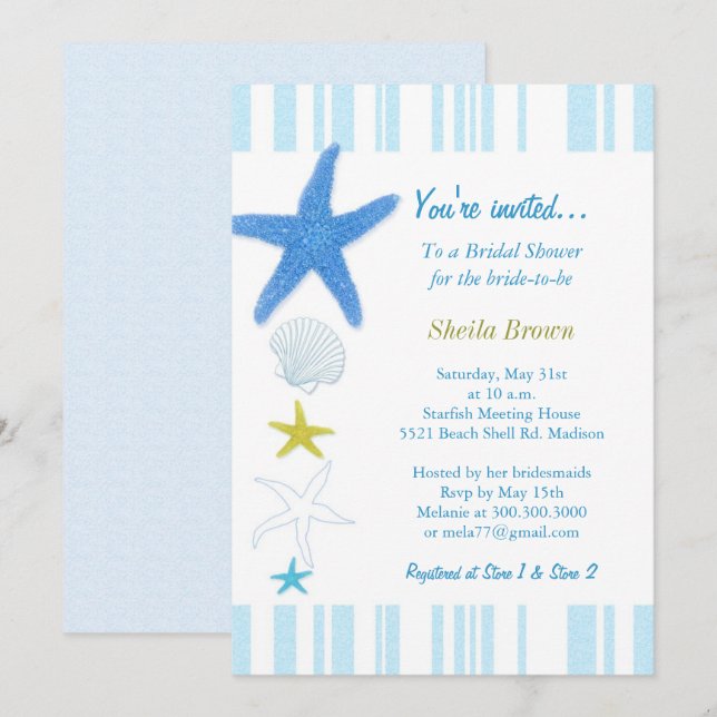Invitación Blue Starfish & Stripes Bridal Shower (Anverso / Reverso)